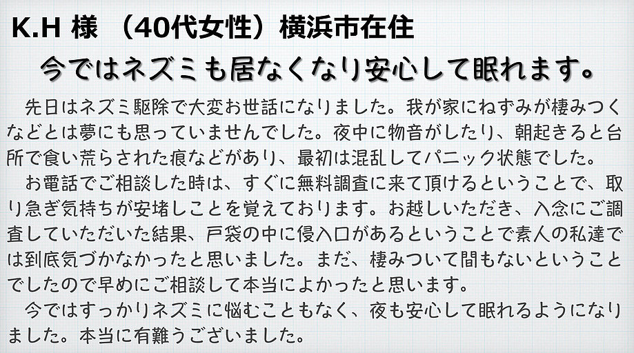 K.H様（40代女性）横浜市在住　今ではネズミも居なくなり安心して眠れます。