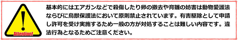 基本的にはエアガンなどで殺傷したり卵の撤去や育雛の妨害は動物愛護法ならびに鳥獣保護法において原則禁止されています。有害駆除として申請し許可を受け実施するため一般の方が対処することは難しい内容です。違法行為となるためご注意ください。